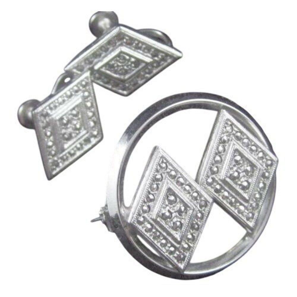 Vintage Marcasite Rhinestone Silver Rhodium Plated‎ Brooch & Earrings Demi Set
